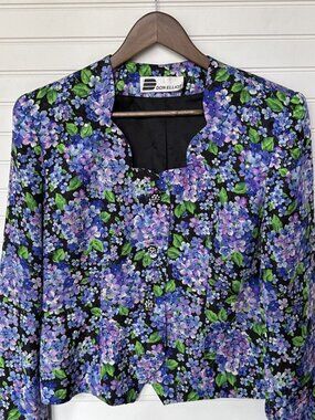 Vtg Don Elliot Bright Multicolor Spring Floral Hydrangea Cardigan Blazer Coat